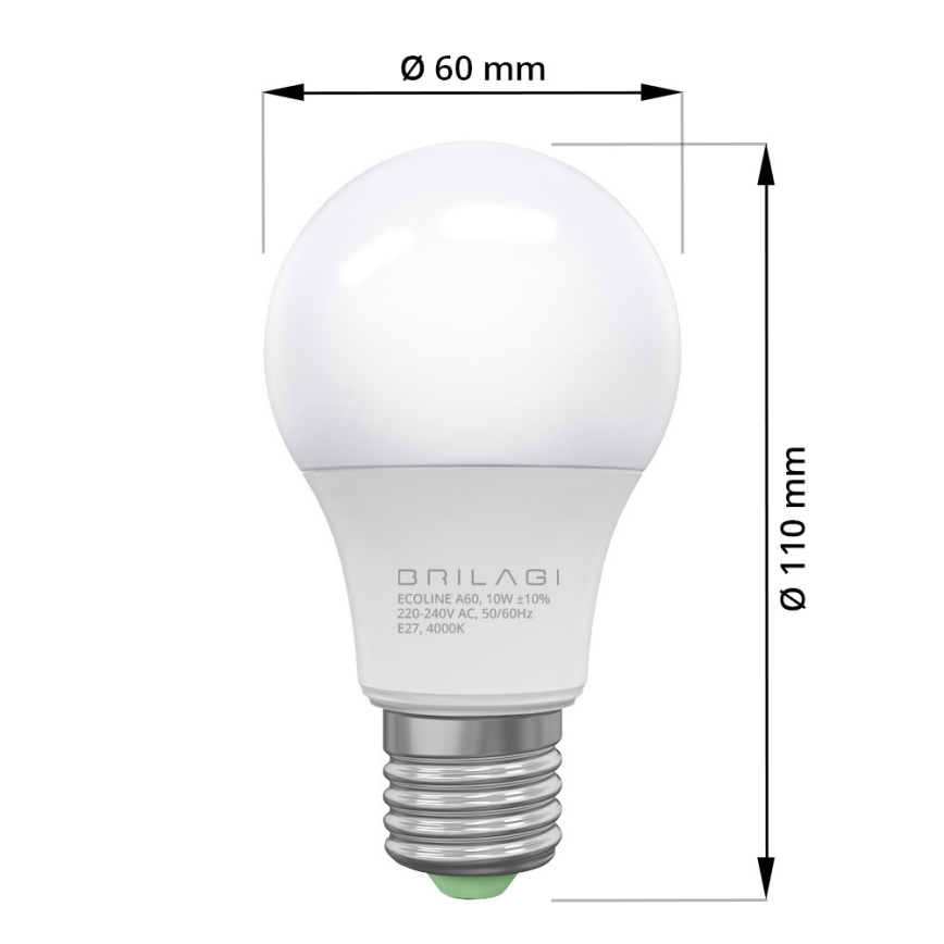 PAKET 4x LED-lampor ECOLINE A60 E27/10W/230V 4,000K - Brilagi