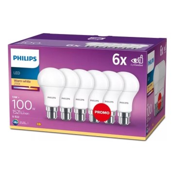 Paket med 6 Philips A60 LED-lampor, B22-sockel, 13 W, 230 V, 2700 K