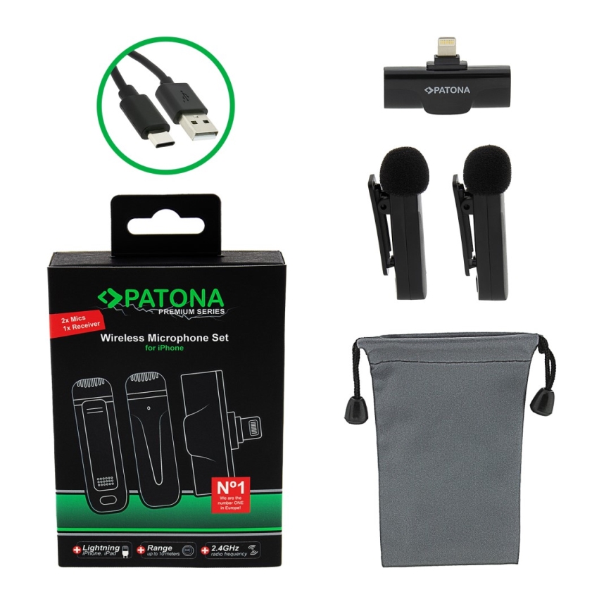 PATONA - KIT 2x Trådlös mikrofon med klämma för iPhones USB-C 5V 50 mAh