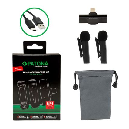 PATONA - KIT 2x Trådlös mikrofon med klämma för smart mobiler USB-C 5V 50 mAh