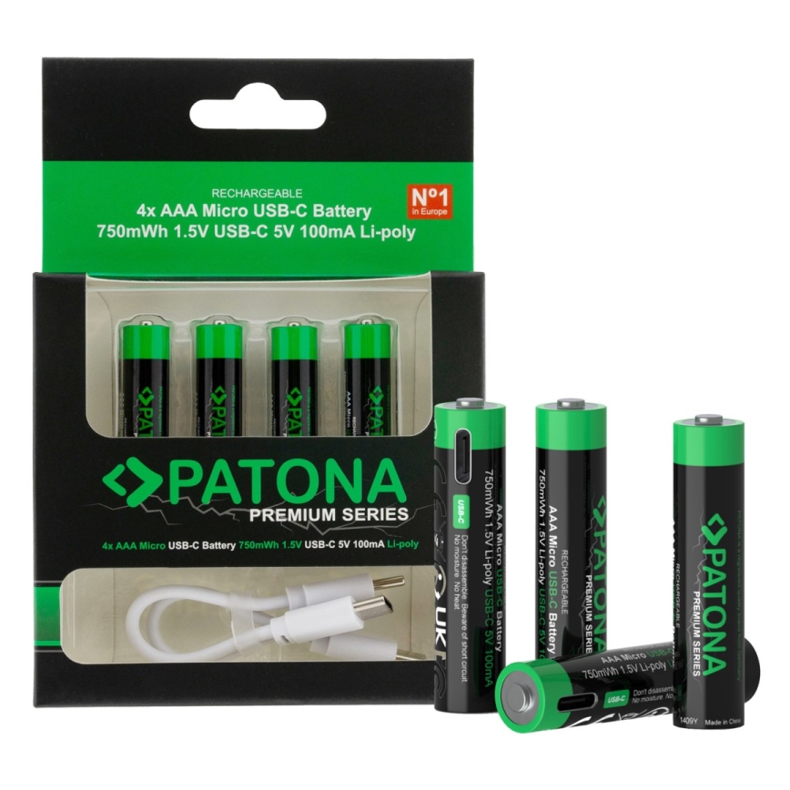 PATONA - KIT 4x Ackumulator AAA/LR03 Li-Pol 500mAh 1,5V med USB-C laddar