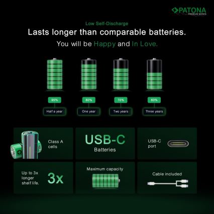PATONA - KIT 4x Ackumulator AAA/LR03 Li-Pol 500mAh 1,5V med USB-C laddar