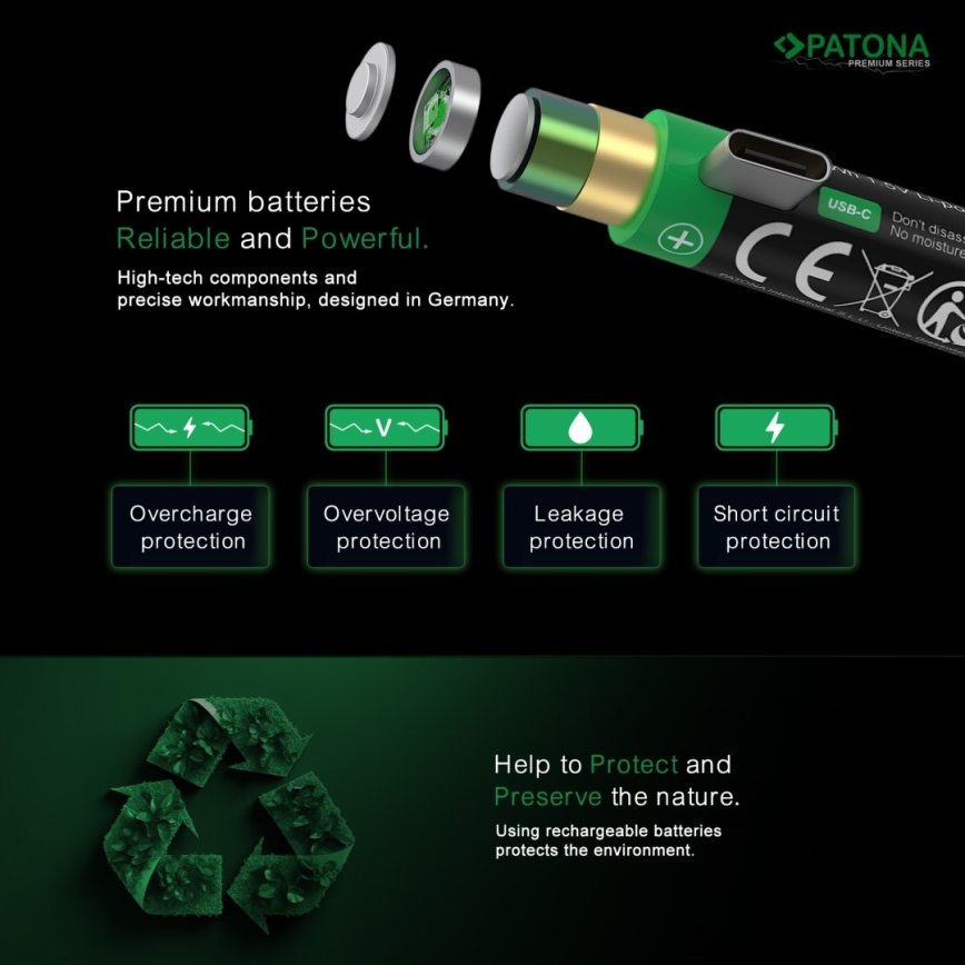 PATONA - KIT 4x Ackumulator AAA/LR03 Li-Pol 500mAh 1,5V med USB-C laddar