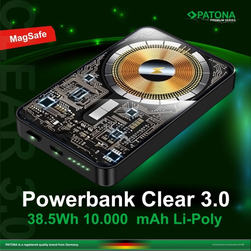 PATONA - Powerbank 10000mAh Li-Pol-PD20W MagSafe USB-C och Qi-laddning