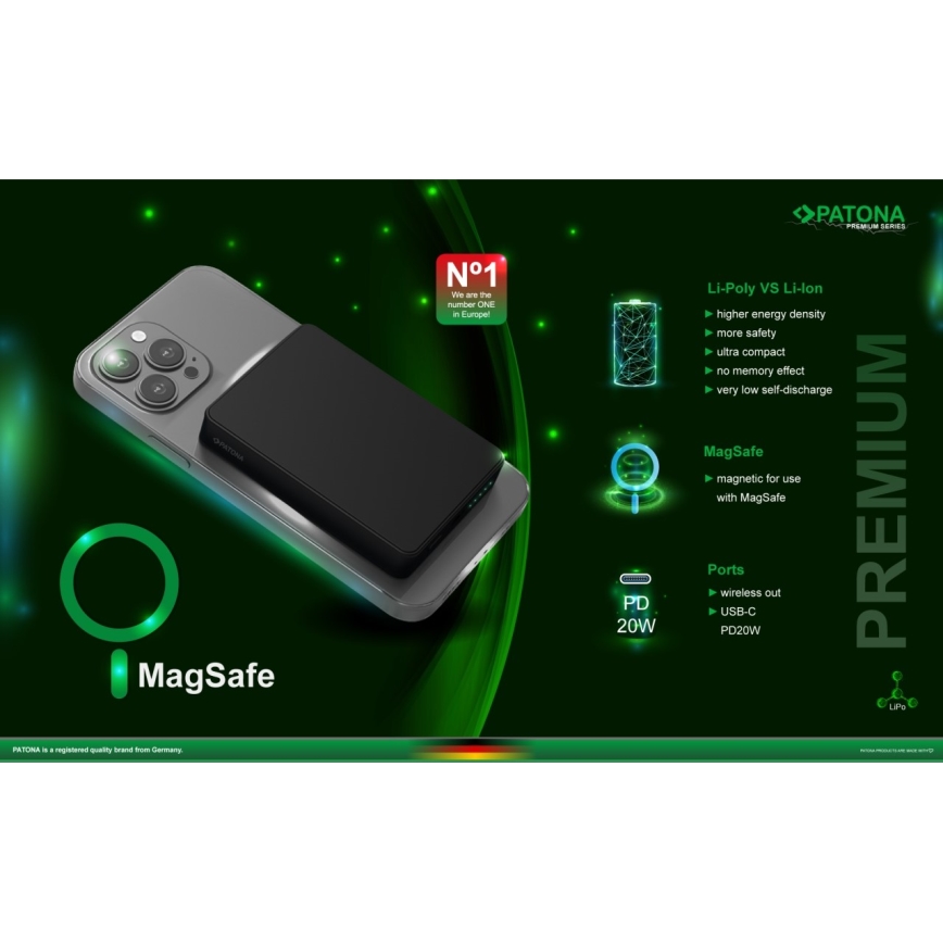 PATONA - Powerbank 10000mAh Li-Pol-PD20W MagSafe USB-C och Qi-laddning