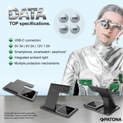 PATONA - Sladdlös laddare  3i1 for iPhone svart