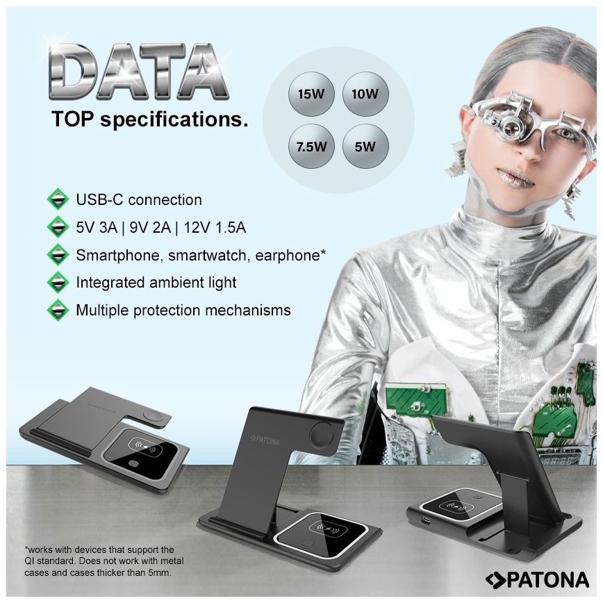 PATONA - Sladdlös laddare  3i1 for iPhone svart