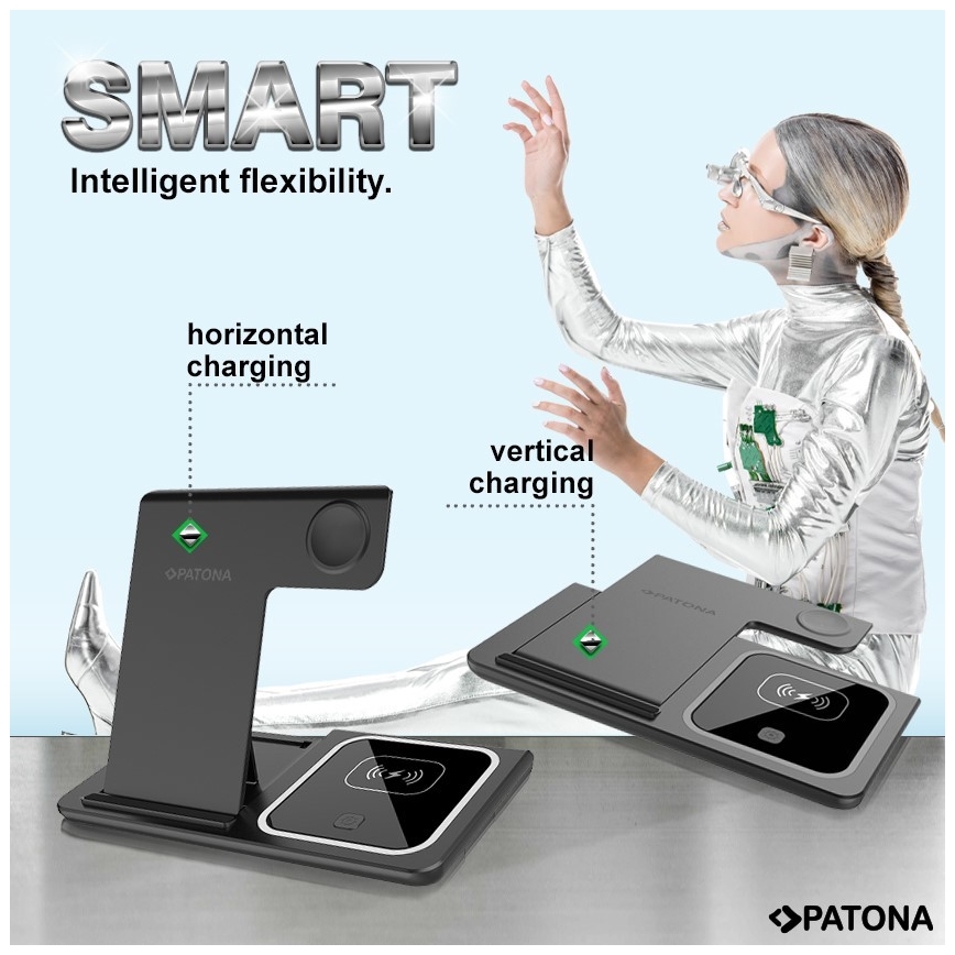 PATONA - Sladdlös laddare  3i1 for iPhone svart