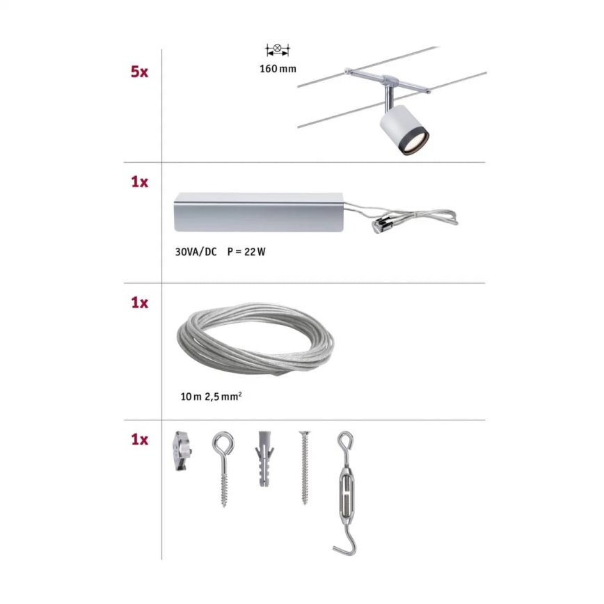 Paulmann 3981 - Set med 5× LED (4 W) Komplett vajersystem TUBE 230 V matt krom/svart