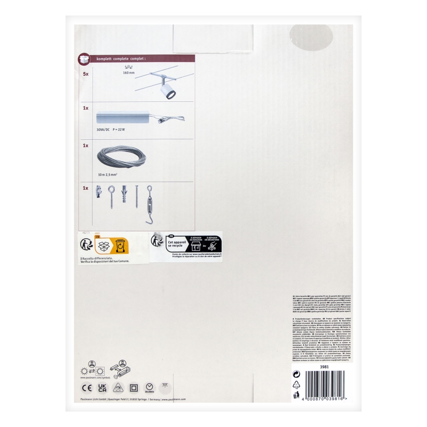 Paulmann 3981 - Set med 5× LED (4 W) Komplett vajersystem TUBE 230 V matt krom/svart