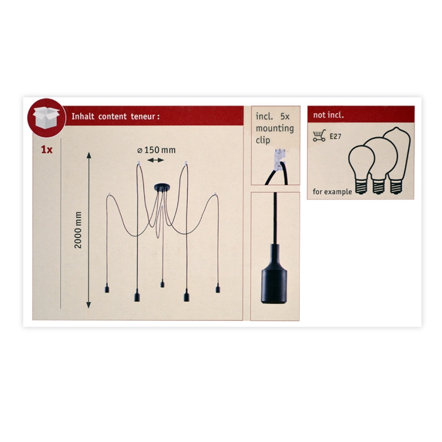 Paulmann 50389 - Ljuskrona med textilsladd NEORDIC 5xE27/20W/230V spindel