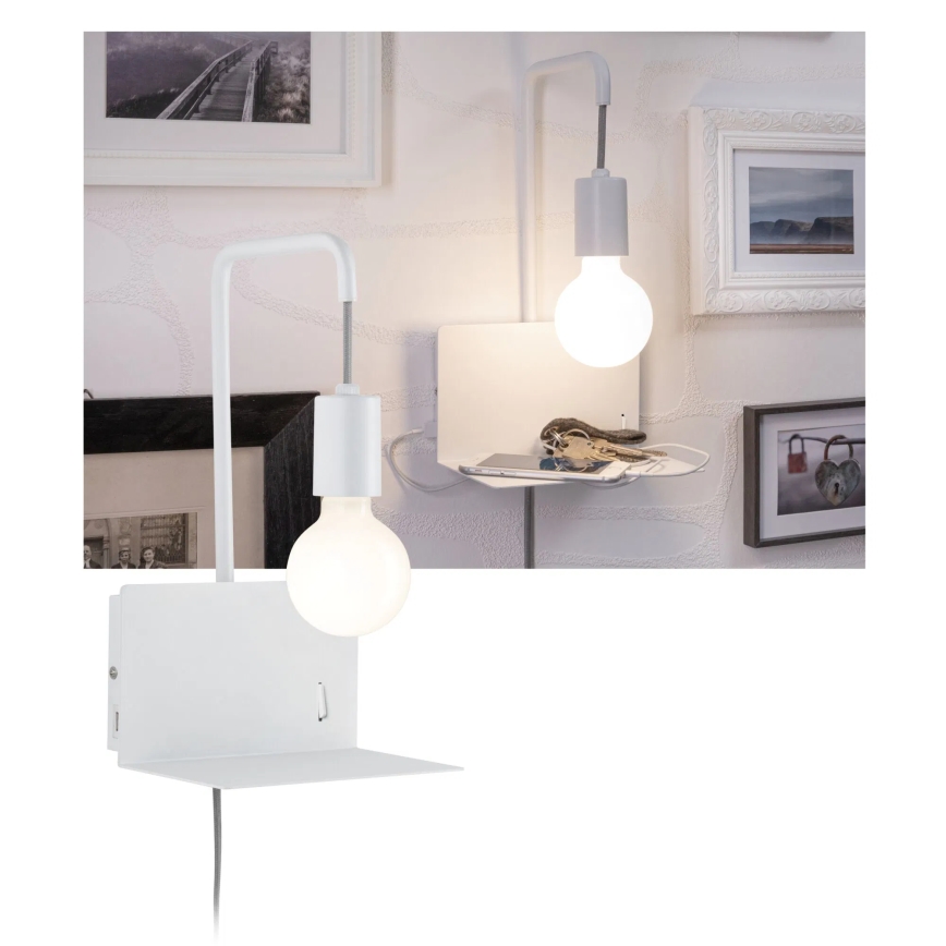 Paulmann 79812 - 1xE27/40W Vägglampa med hylla och USB-port CALVANI 230V vit