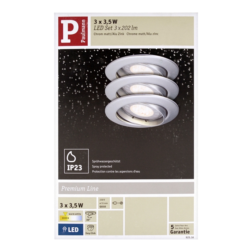 Paulmann 92516 - SET 3xLED-GU10/3,5W Badrum infälld spotlight PREMIUM LINE 230V