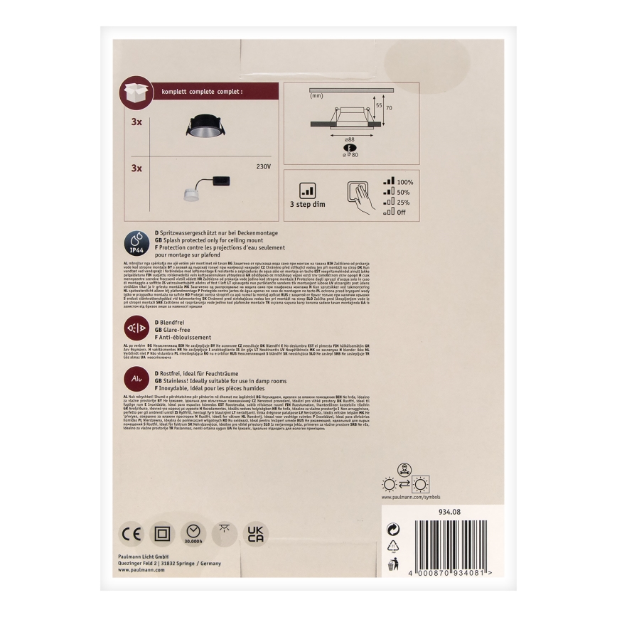 Paulmann 93408 - SET 3xLED/6,5W IP44 Dimbart badrumstakarmatur COLE 230V