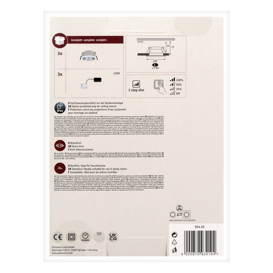 Paulmann 93410 - SET 3xLED/6,5W IP44 Dimbart badrumstakarmatur COLE 230V