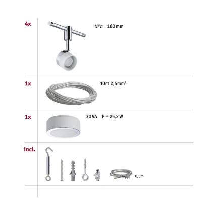 Paulmann 94080 - Set med 4xLED/4,8W Komplett vajersystem STAGE 230V blank krom