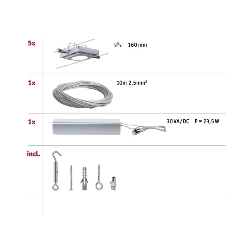 Paulmann 94108 - SET 5xLED/4,3W Spotbelysning för vajersystem MAC 230V matt krom