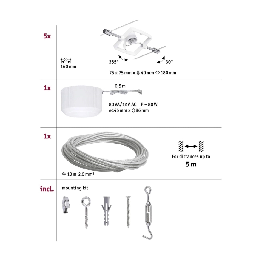 Paulmann 94134 - Set 5x GU5,3/10W Komplett vajersystem MAC 230V vit
