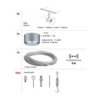 Paulmann 94136 - Komplett vajersystem SHEELA 230V, set med 5 st GU5,3/10W, polerad krom