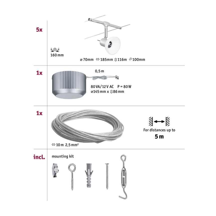 Paulmann 94136 - Komplett vajersystem SHEELA 230V, set med 5 st GU5,3/10W, polerad krom