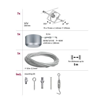 Paulmann 94152 - Set med 7 x GU5,3/10W, komplett vajersystem MAC 230V, matt krom