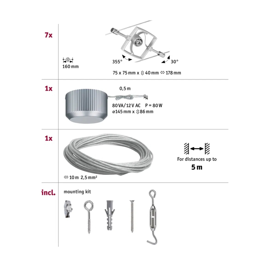 Paulmann 94152 - Set med 7 x GU5,3/10W, komplett vajersystem MAC 230V, matt krom