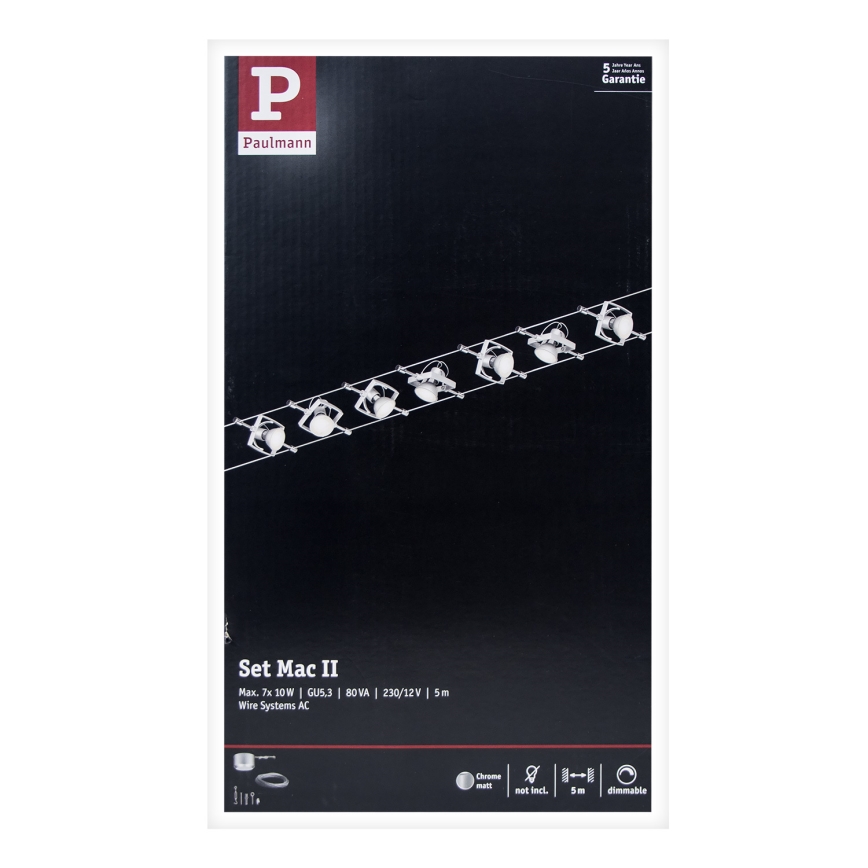 Paulmann 94152 - Set med 7 x GU5,3/10W, komplett vajersystem MAC 230V, matt krom