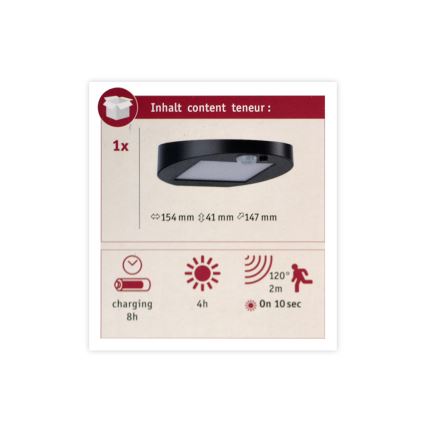 Paulmann 94246 - LED/1,2W IP44 Utomhusbelysning med solcell och sensor RYSE 3,7V 1800 mAh