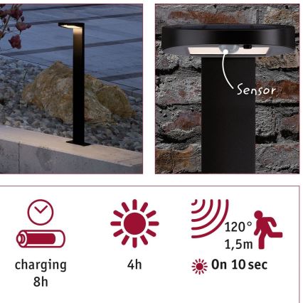 Paulmann 94249 - LED/1,2W IP44 Utomhus solarlampa med sensor RYSE 3,7V 1800 mAh