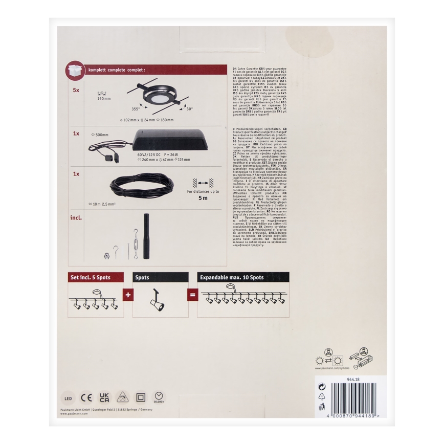 Paulmann 94418 - SET 5xLED/4,5W Spotlights för wire system ROUNDMAC 230V svart