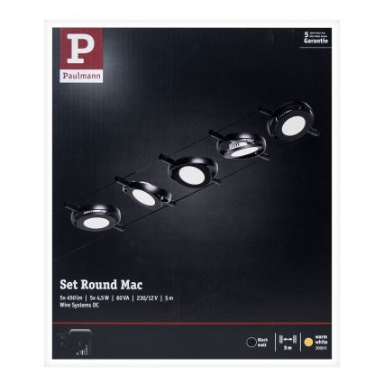Paulmann 94418 - Set med 5x LED/4,5W Komplett vajersystem ROUNDMAC 230V svart