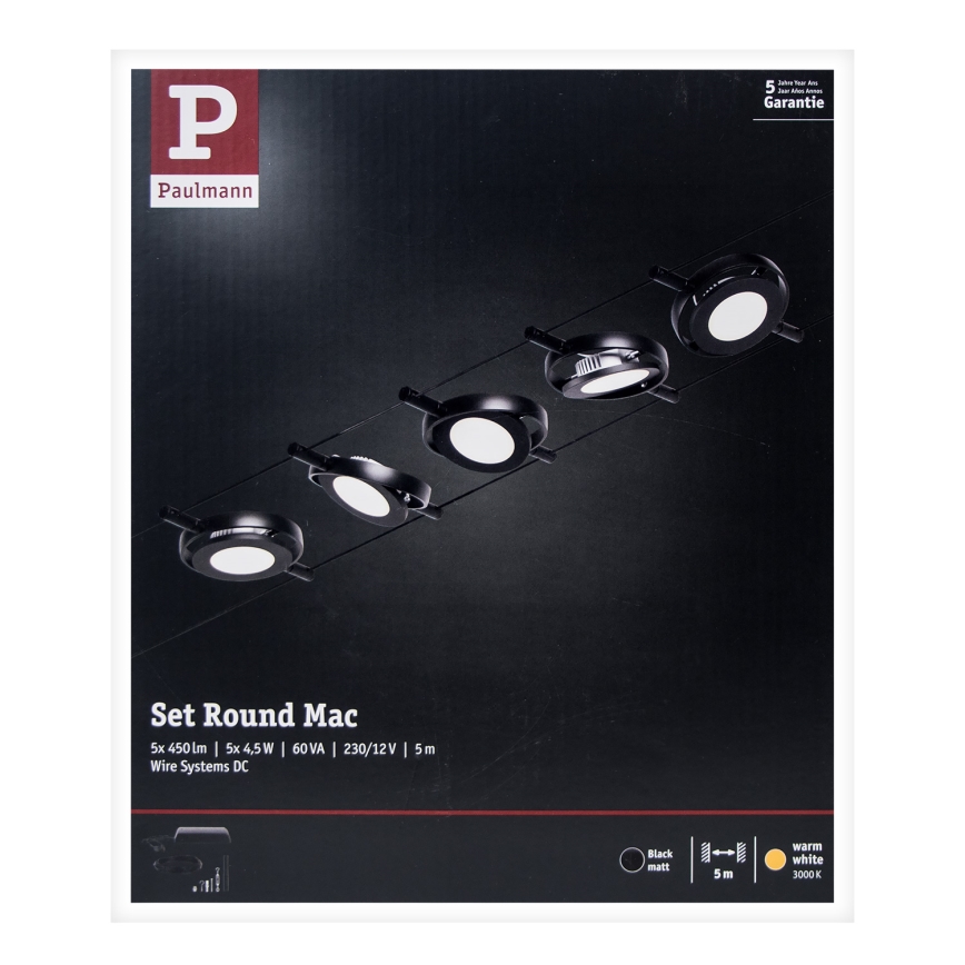 Paulmann 94418 - Set med 5x LED/4,5W Komplett vajersystem ROUNDMAC 230V svart