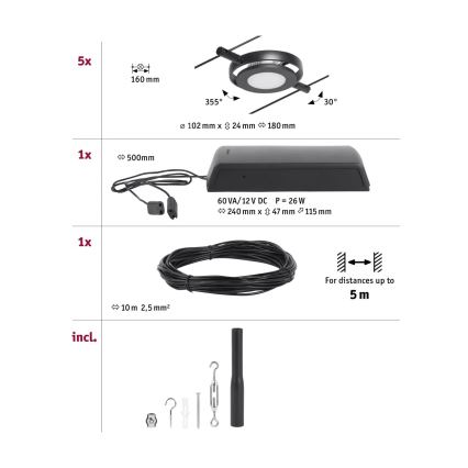 Paulmann 94418 - Set med 5x LED/4,5W Komplett vajersystem ROUNDMAC 230V svart