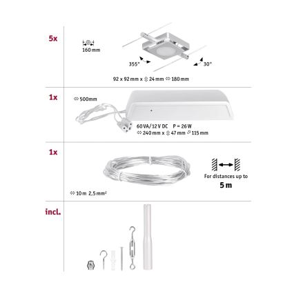 Paulmann 94420 - Komplett vajersystem MAC, set med 5 LED-lampor á 4,5 W, 230 V, matt krom
