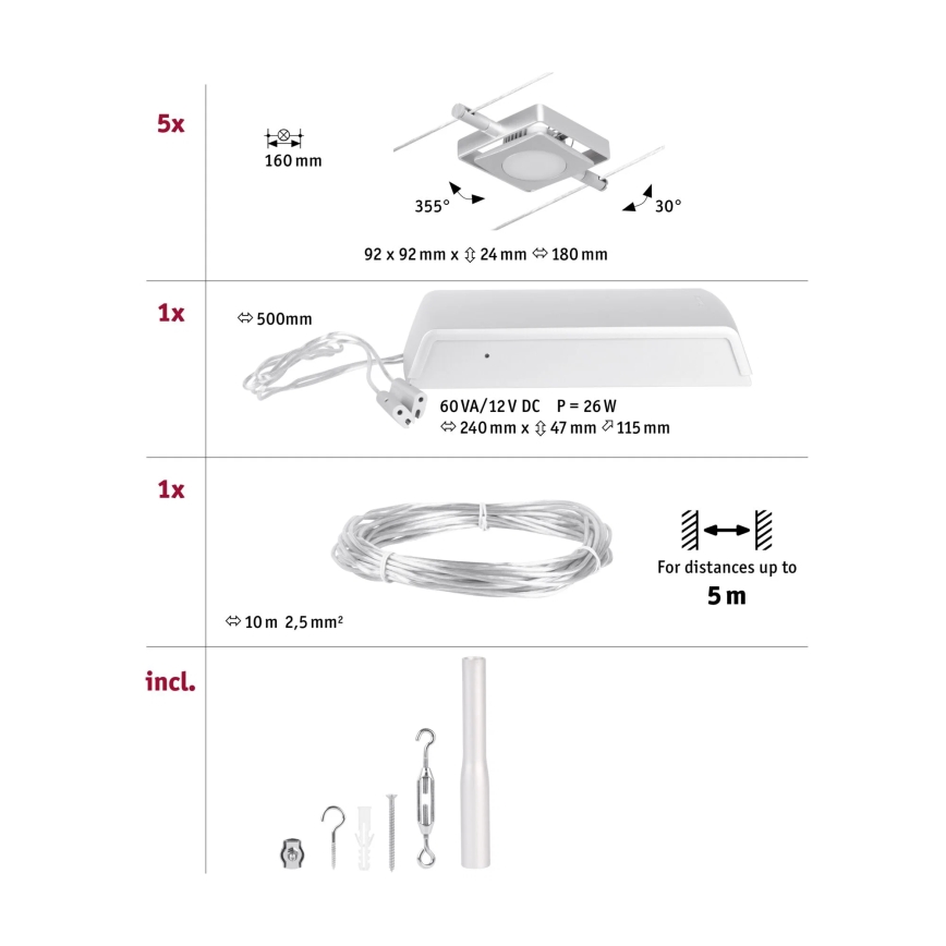 Paulmann 94420 - Komplett vajersystem MAC, set med 5 LED-lampor á 4,5 W, 230 V, matt krom
