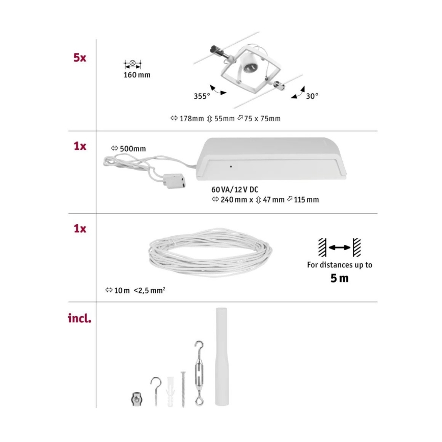 Paulmann 94432 - Sats 5xGU5,3/10W Komplett vajersystem MAC 230V vit