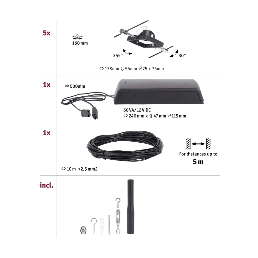 Paulmann 94434 - SET 5xGU5,3/10W Spotlights för kabelsystem MAC 230V svart