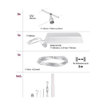 Paulmann 94442 - SET 5xGU5,3/10W Komplett vajersystem SALT 230V mattkrom
