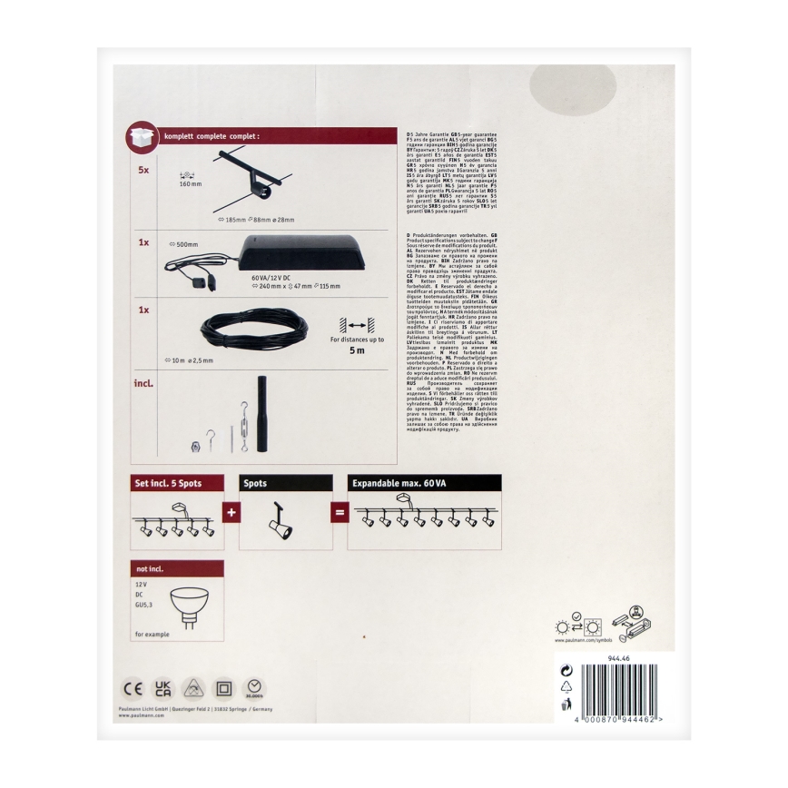 Paulmann 94446 - SET 5xGU5,3/10W Spotlights för trådsystem SALT 230V svart