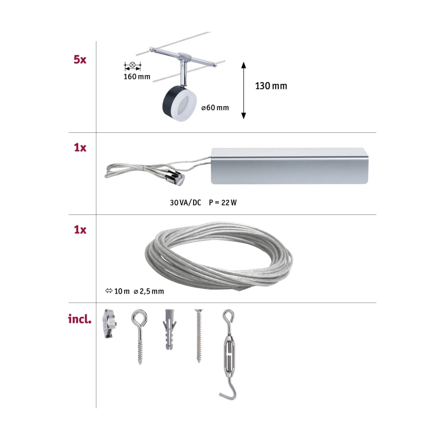 Paulmann 94457 - SATS 5xLED/4W Komplett vajersystem CLEAR 230V svart/glänsande krom