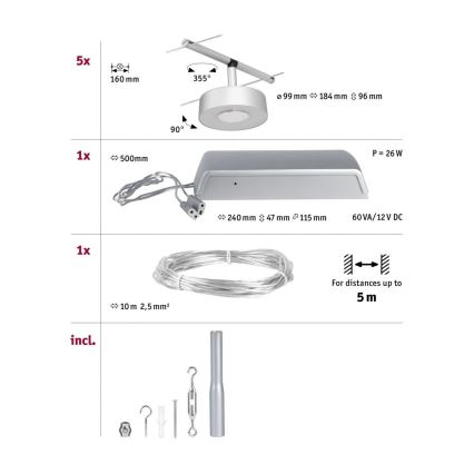 Paulmann 94475 - SATS 5xLED/5W Komplett vajersystem CIRCLE 230V matt krom