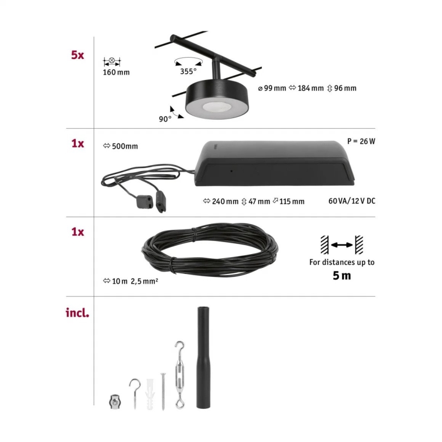 Paulmann 94479 - Komplett vajersystem CIRCLE, set med 5 x 5 W LED-lampor, 230 V, svart