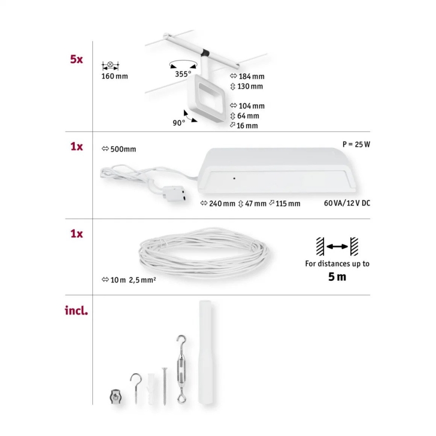 Paulmann 94483 - SET 5xLED/4,8W Komplett vajersystem FRAME 230V vit