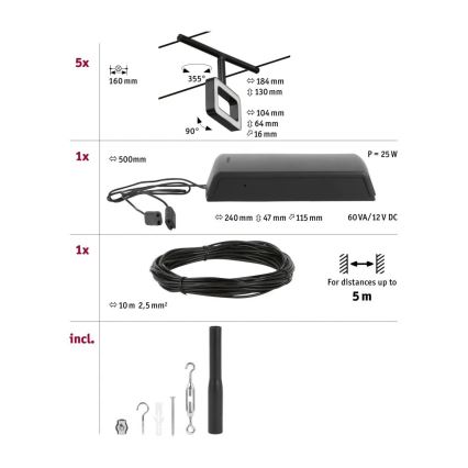 Paulmann 94485 - Set 5xLED/4,8W Komplett vajersystem FRAME 230V, svart