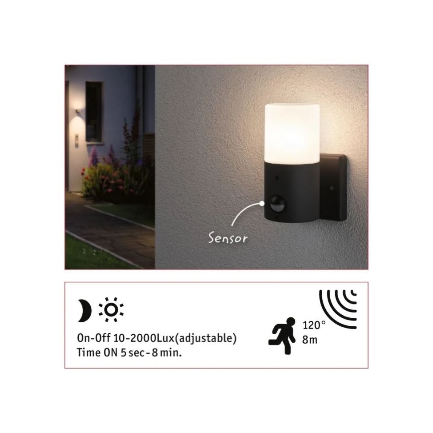 Paulmann 94648 - 1xE27/15W IP44 Utomhus vägglampa med sensor TUBS 230V