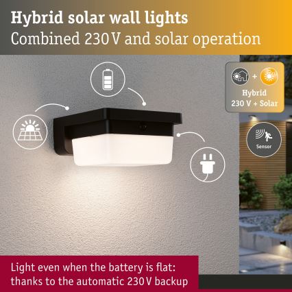 Paulmann 95748 - LED/2,3W IP44 Solcellsvägglampa med sensor ISLEEN 3,7/230V 4000 mAh svart