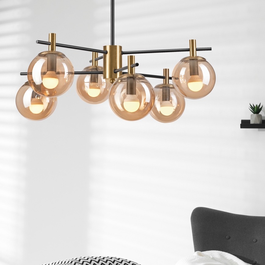 Pendelkrona LILOU 6xE14/5W/230V guld/svart/rökig beige