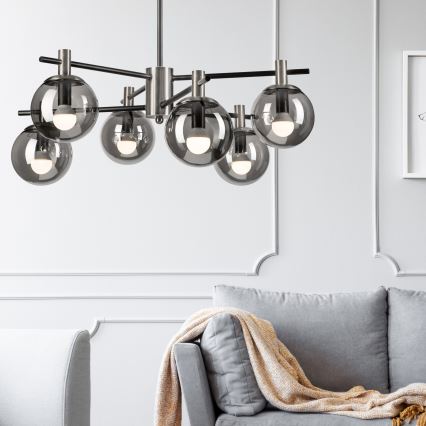 Pendelkrona LILOU 6xE14/5W/230V matt krom/rökig
