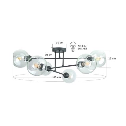 Pendelkrona VASCO 6xE27/60W/230V svart/genomskinlig