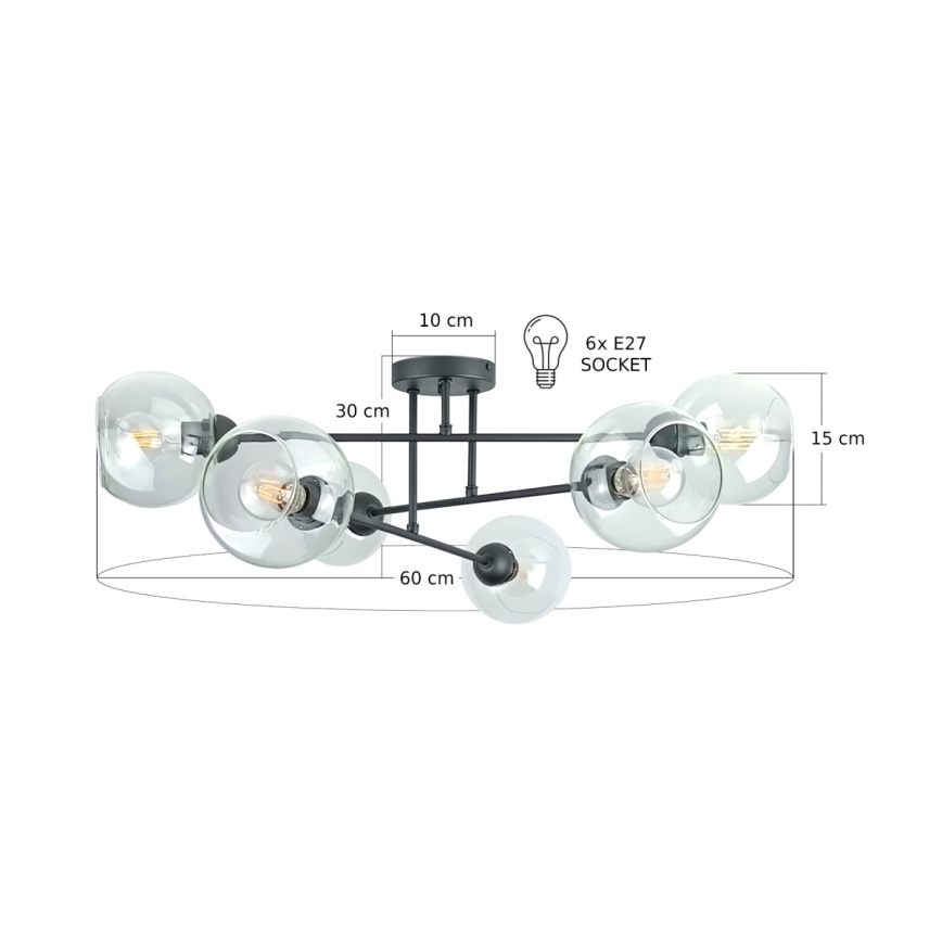 Pendelkrona VASCO 6xE27/60W/230V svart/genomskinlig